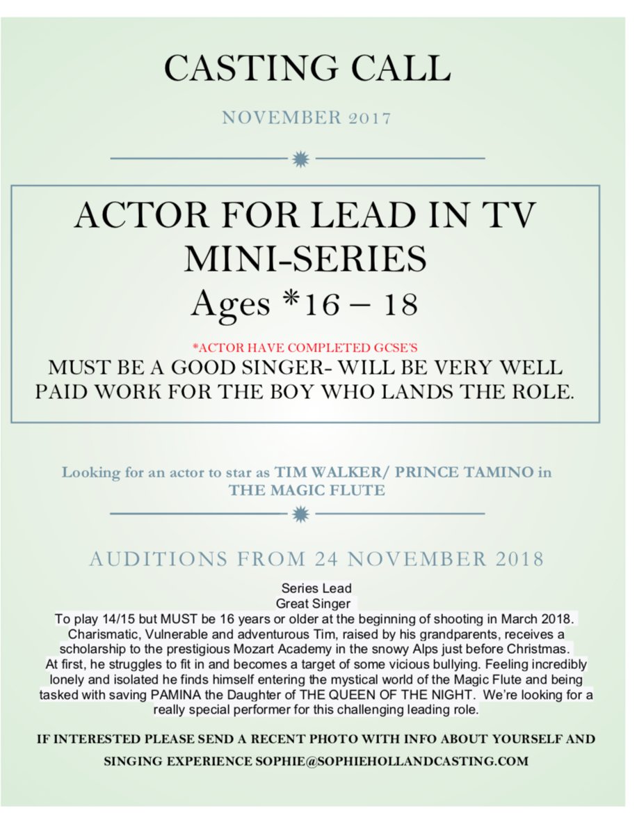 @tvworkshopnottm Please RT - Looking for a 16 - 17 year old male who can sing for a TV mini series. More info in flyer. Please get in touch ASAP