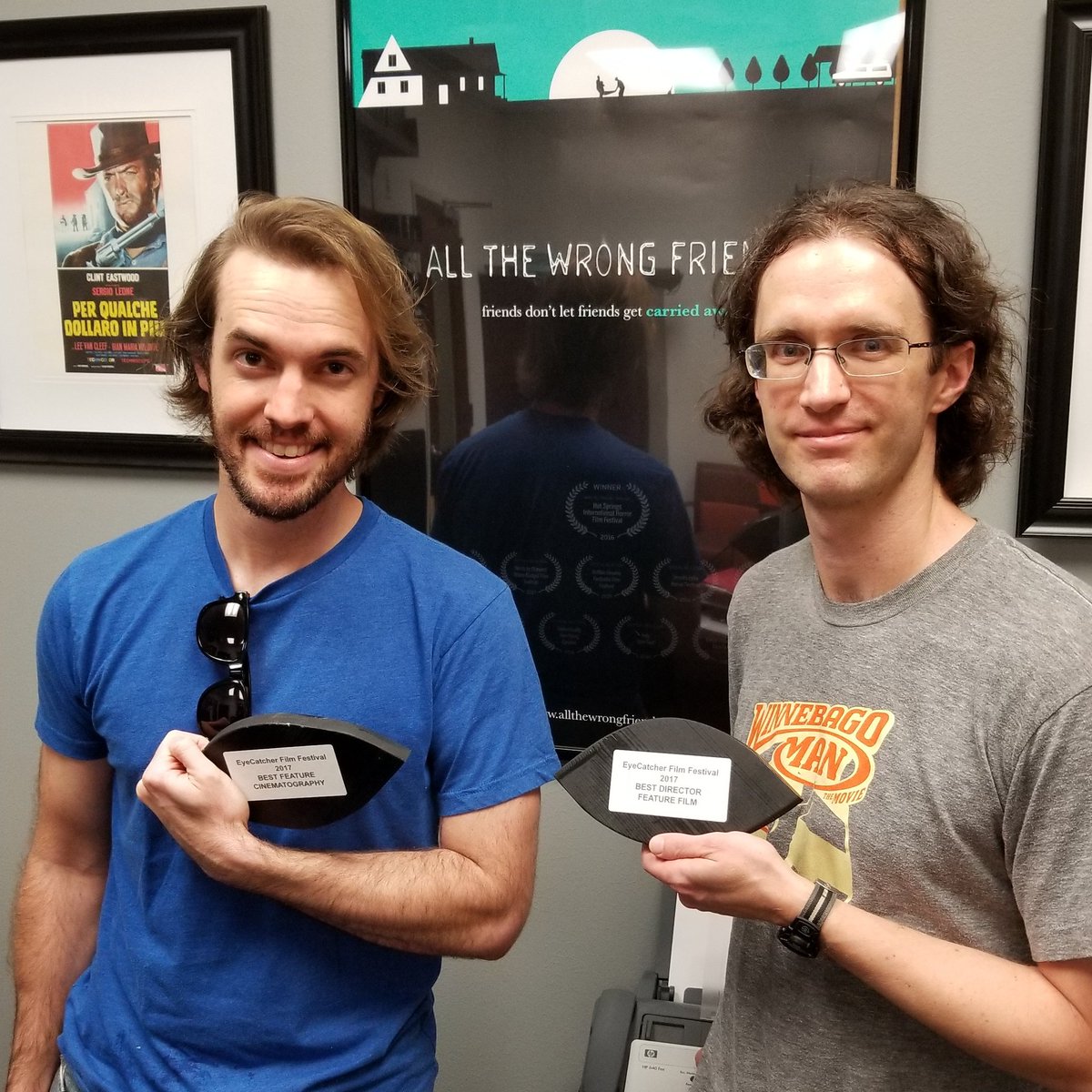 WrongFriends's tweet photo. A couple of the four awards we picked up at @EyeCatcher_FF last weekend. Good to see @DanielKMaitland again! @SMUFilmMedia @smumeadows https://t.co/H10mqDjeNU