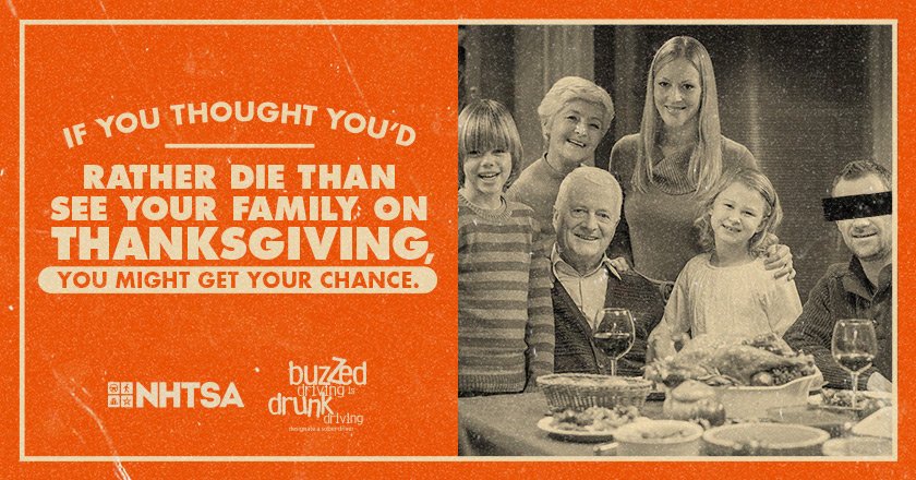 NHTSAgov's tweet photo. In the past 5 years, more than 800 people died in alcohol-related crashes during the Thanksgiving Holiday. #DriveSober https://t.co/rlRTfyqHhW