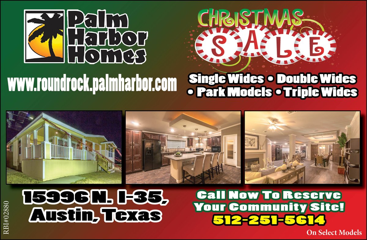 AmClassTemple's tweet photo. #Christmas #Sale at Palm Harbor Texas- #RoundRock location. #SingleWides #DoubleWides #ParkModels #TripleWides Here is their ad in our 2017 Holiday Gift Guide for more info. #AmericanClassifieds #Texas #Temple #Killeen #Austin #ThriftyNickel...https://t.co/xKivkhcYgn https://t.co/u5rxUFjsMt