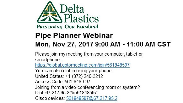 GeauxWater's tweet photo. @DeltaPlastics hosting one final Nov webinar on @pipeplanner!  Thanks for your hard work, @chrisdeclerk!  If you're going to furrow irrigate, use #CHS! https://t.co/NY8EGJ1Zcf