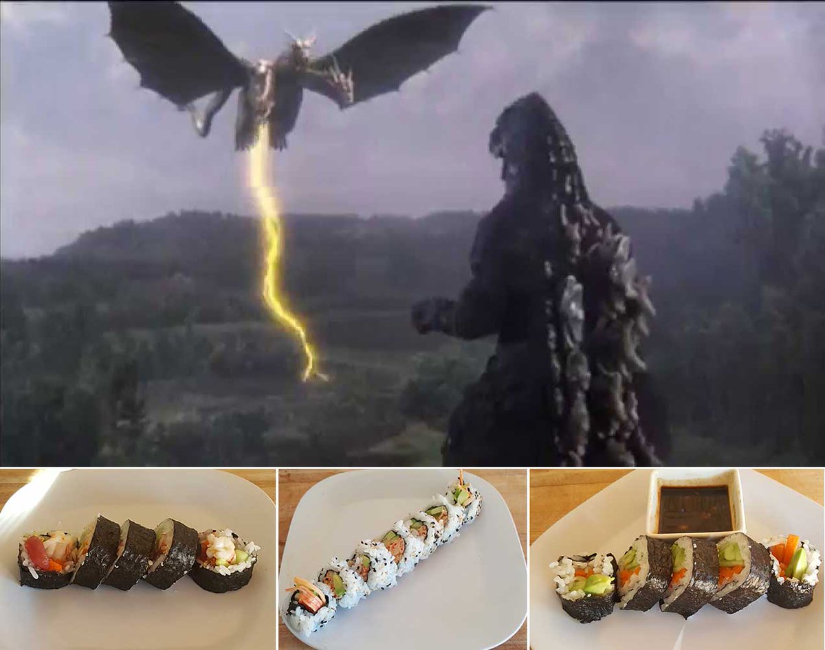 greengoproject's tweet photo. New sushi roll this week -"the relationship roll" w tuna and shrimp plus tobiko, fried garlic, avocado, and cucumber. Movie is Godzilla vs. Ghidorah...Receta nueva "el rollo relacamiento": atun y camaron con tobiko, ajo frito, aguacate, pepino.  Pelicula es Godzilla vs. Ghidorah https://t.co/T7LGtDBHHm