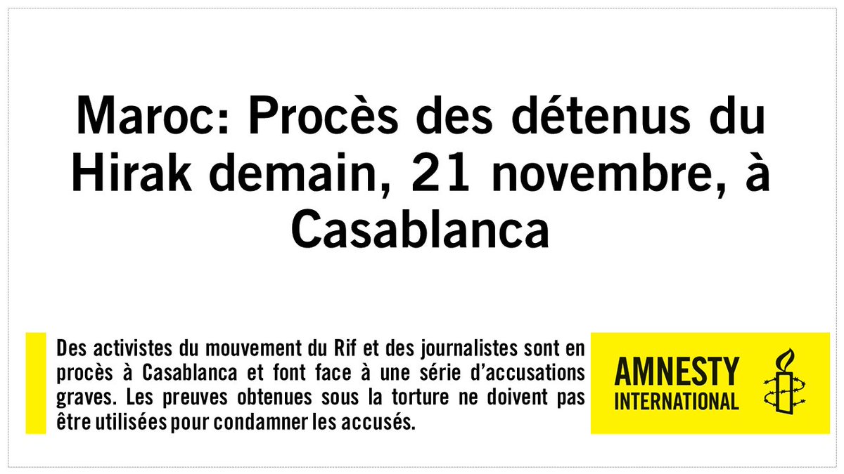 AmnestyMENA's tweet photo. #Maroc - Procès #Hirak demain à #Casablanca : Les preuves obtenues sous la torture ne doivent pas être utilisées pour condamner les accusés ! https://t.co/t2rhruJpvp