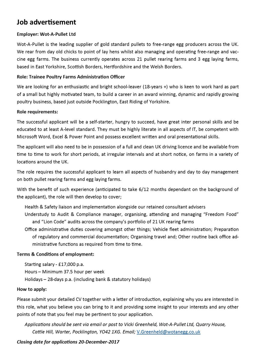 Career opportunity in poultry farming. Please see attached for full details.