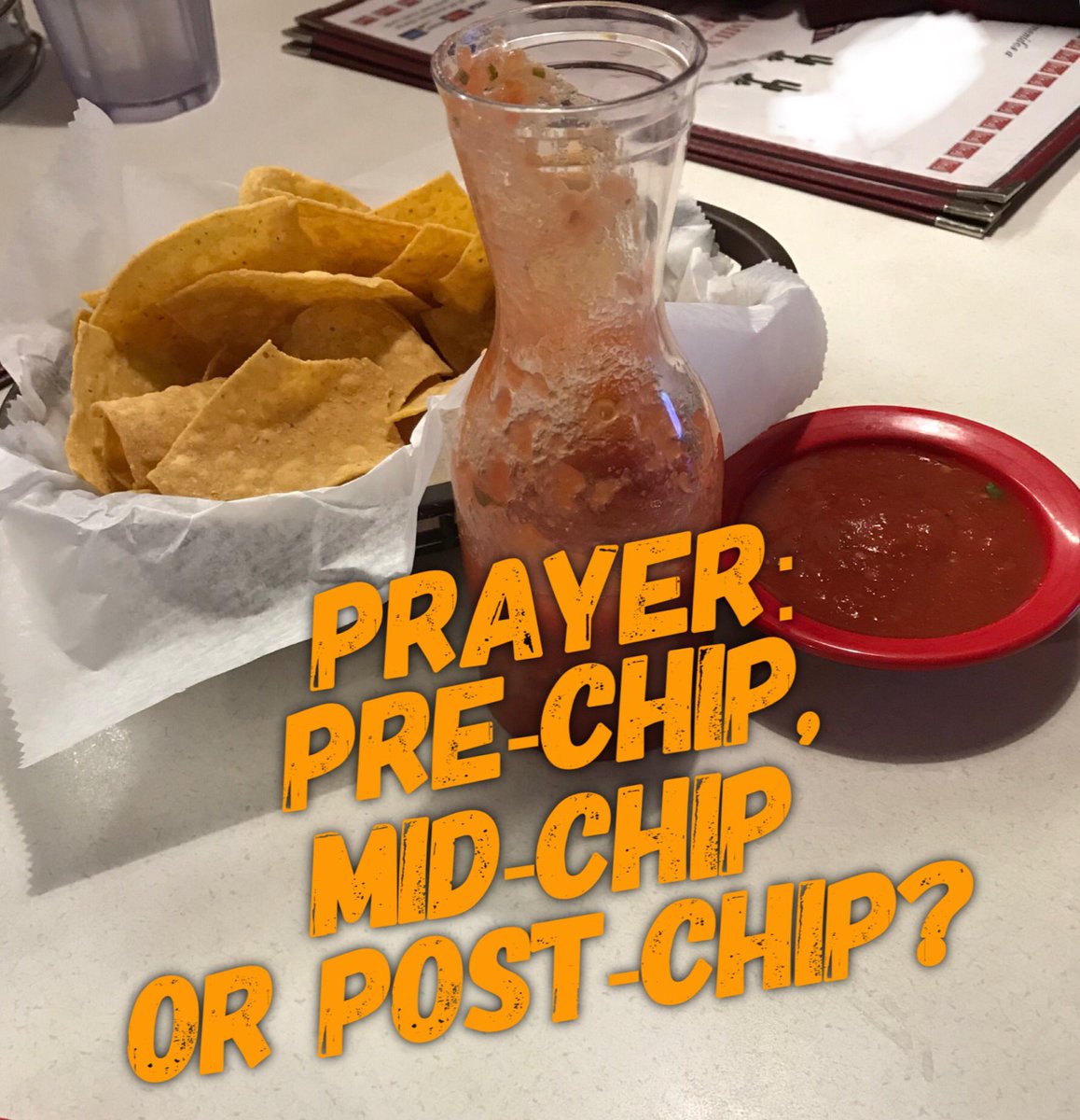 BryanWright1's tweet photo. Prayer: Pre-Chip, Mid-Chip or Post-Chip?
It’s an important theological discussion 😂
#ChipDebate #ChristianIssues https://t.co/bFXmGIys9G