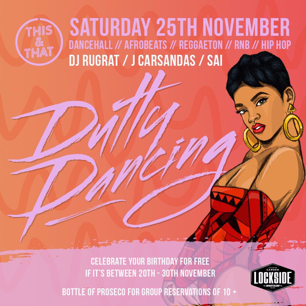 thisandthatldn's tweet photo. Canโt wait for Saturday with @DJRUGRAT @djsaiofficial @JCarsandas #DuttyDancing @Lockside_Camden https://t.co/RneoczURXR