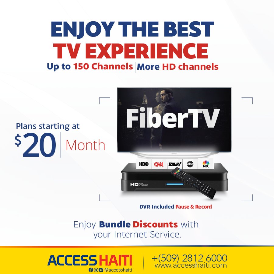 AccessHaiti1's tweet photo. #FiberTv Enjoy the best TV experience!
Up to 150 Channels | More HD channels✌
Plans starting at $20 /month
Enjoy Bundle Discounts with your Internet Service.
#AccessHaiti2Fiber #AccessHaitiFiberTv #MoreChannels #MoreHDChannels #MakeYourTvSmile https://t.co/ZYdZstbOgO