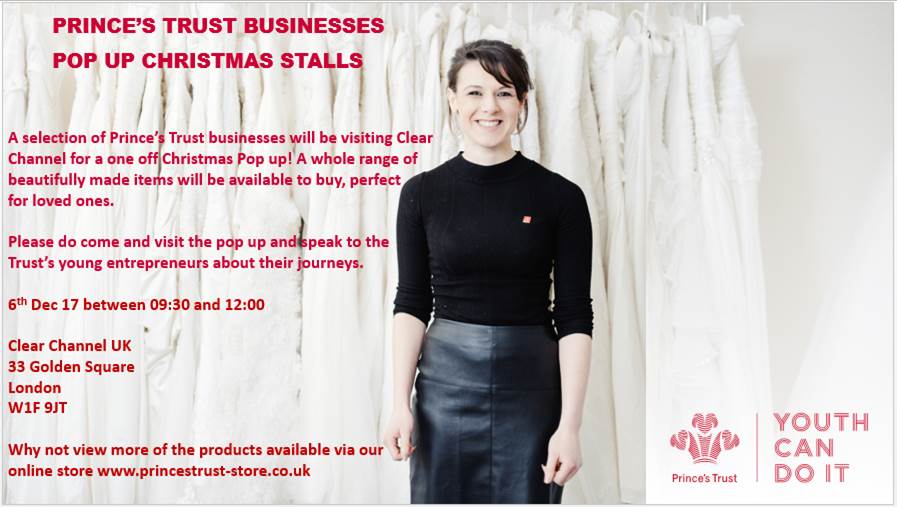 justkimprints's tweet photo. Tiss the season to support young entrepreneurs!
Come join me and some great talent from the @PrincesTrust at the Clear Channel UK Christmas Pop-Up on the 6th of December 09:30-12:00.
Let's support the girl/boy bosses! https://t.co/XhDgGcX1wv