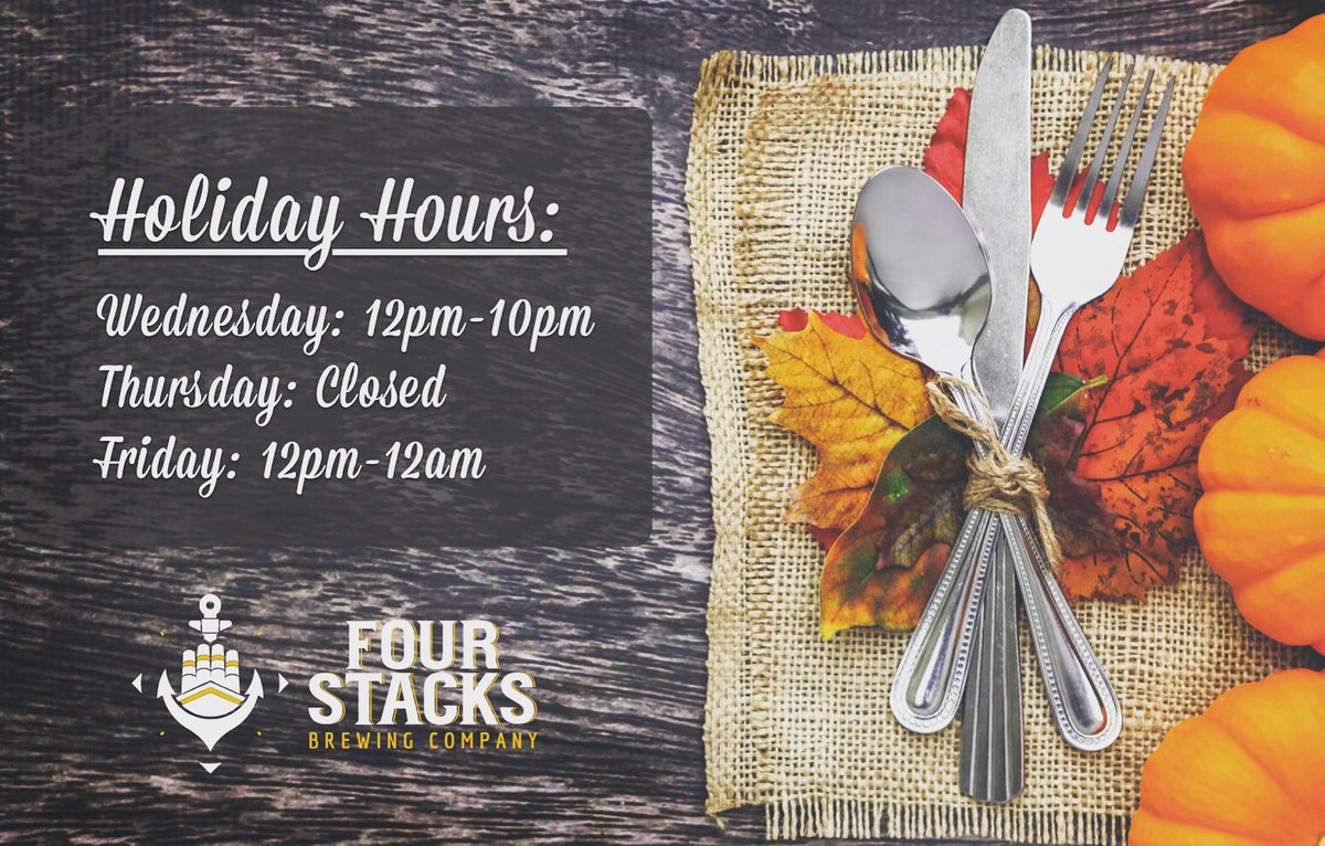 fourstacksbrew's tweet photo. Here’s a quick look at our holiday hours this week. We will open early on Wednesday, close for Thanksgiving, and re-open at noon on Black Friday. Stay tuned for deals on bottles, fills, and gift cards going into the weekend!

#thanksgiving #blackfriday #fourstacks https://t.co/v3WcXSoFSI