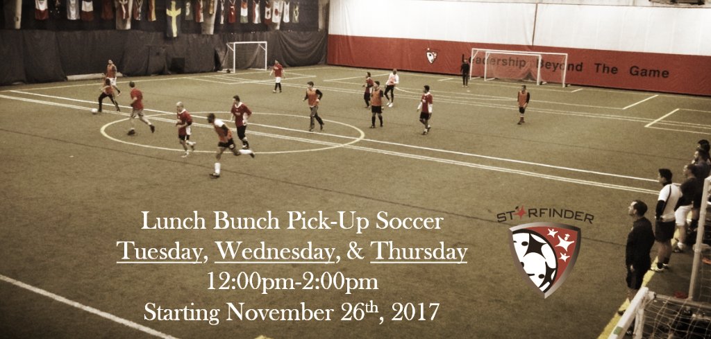 StarfinderFound's tweet photo. Due to popular demand, we have added Pick-Up Soccer on Wednesdays every week starting November 29th. After the Thanksgiving Holiday, we will have Lunch Bunch Pick-up Soccer every Tuesday, Wednesday and Thursday 12pm-2pm.
#SoccerForSocialChange #Starfinder #WorkoffTheTurkey https://t.co/NEkpo0lmh7