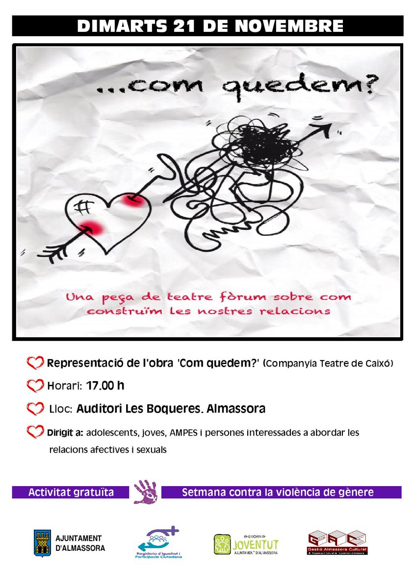 TeatreDeCaixo's tweet photo. Aquest dimarts 21 de novembre, a les 17 hores, en l'Auditori de les Boqueres d'Almassora, farem una sessió en obert del nostre teatre fòrum Com Quedem. Vos convidem a vindre i repensar-se com construïm les nostres relacions. #comquedem #teatreperalcanvisocial #almassora #educació https://t.co/8YBH2lP8Bp