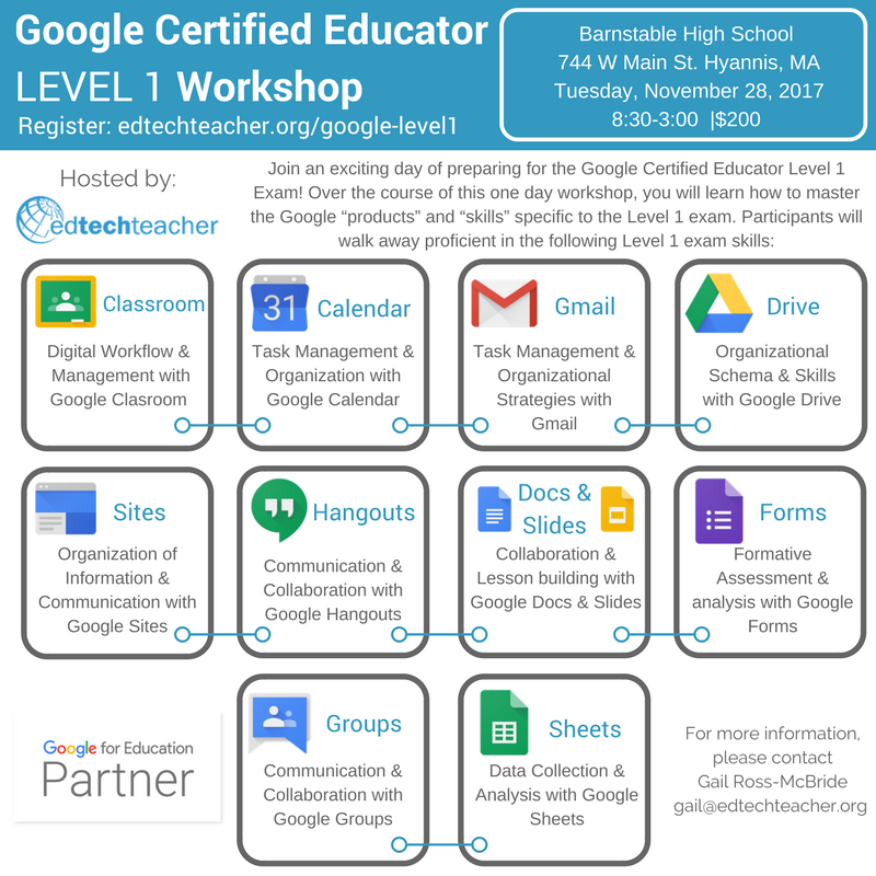 EdTechTeacher21's tweet photo. Still time to sign up for the Google Level 1 Certification Workshop on Cape Cod, Tuesday Nov 28, 2017 #techteamMA
#edchatme #googleedu https://t.co/ltZ3kyoFAT https://t.co/hBy0bHMgZ3