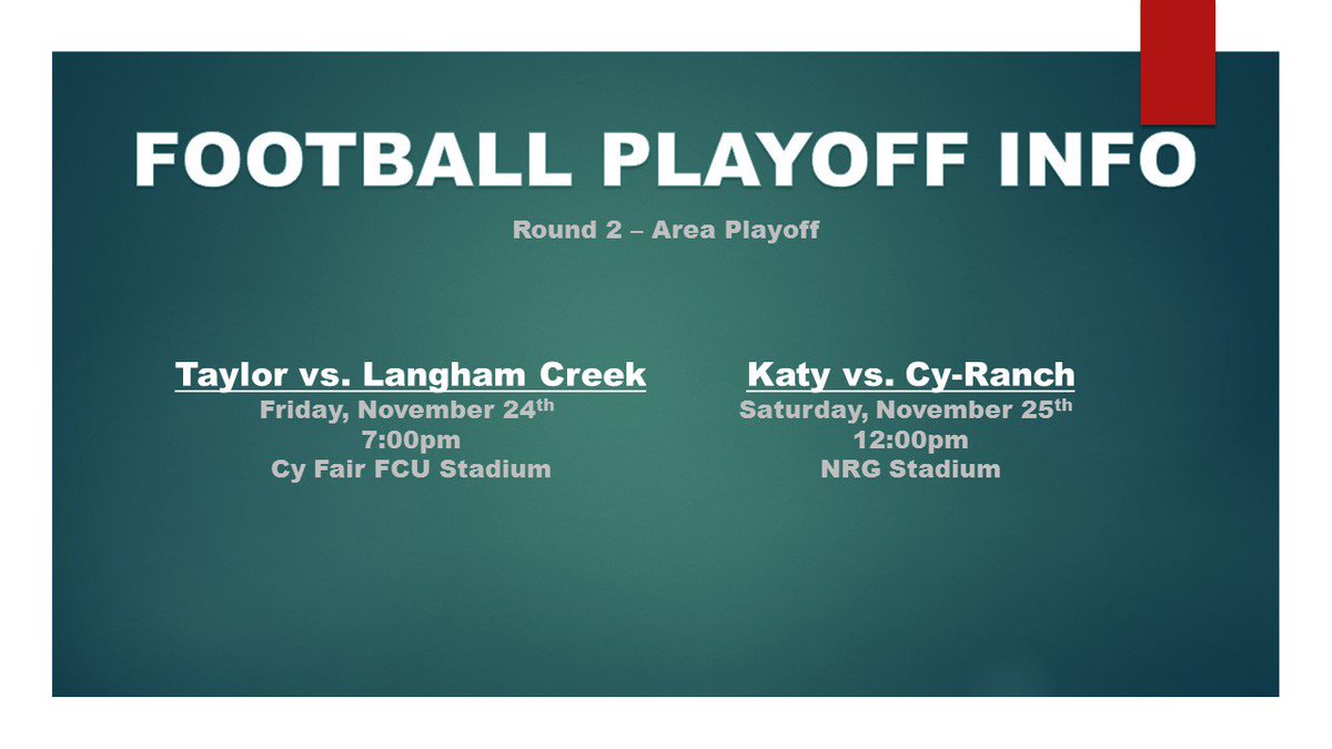 KatyISDAthletic's tweet photo. Katy ISD Playoff Football information for Round 2.  Come out and support our teams! https://t.co/E06Fs8zUbt