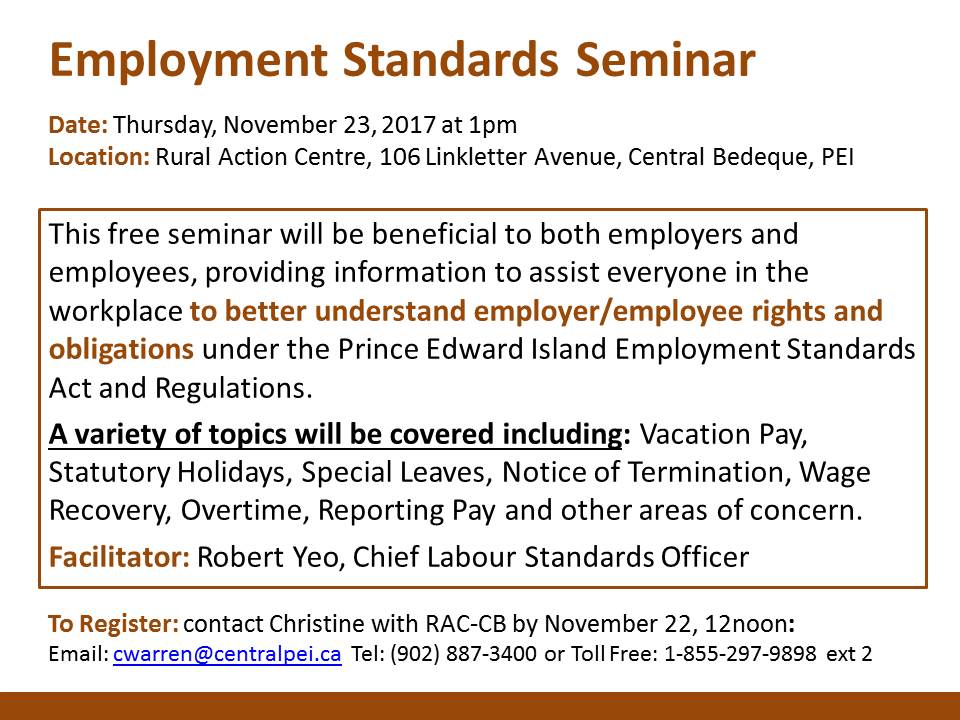 CentralDevelopm's tweet photo. Employment Standards Seminar. FREE session Nov 23 at 1pm #RACworkshop https://t.co/uNHeBWMbjP