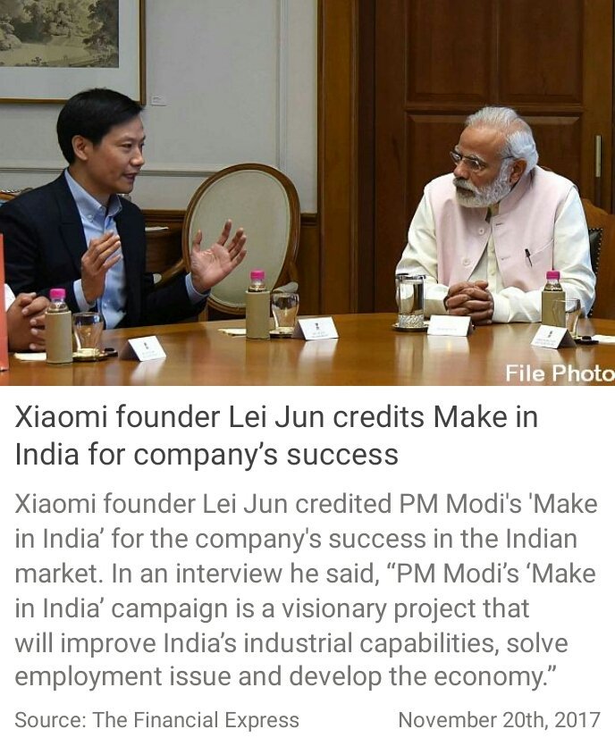 GitteWalchand's tweet photo. Xiaomi founder Lei Jun credits Make in India for company’s success https://t.co/euXo3uJRvy
