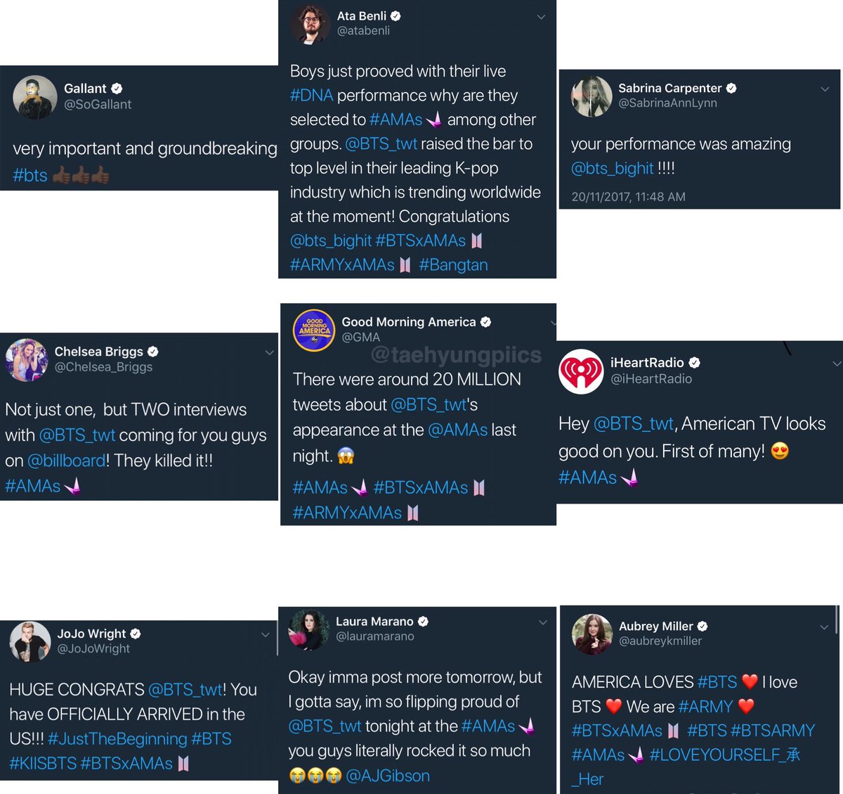 BTSTurkey's tweet photo. [💁] Biiiiir sürü onaylı hesap BTS'i AMAs performansı için tebrik edip onlara çeşitli tweetler attı. Ne kadar çok kişi olduğunu görelim istedik ama aslında bunlar da sadece bir kısmı. 🙃🙃

_______
Cr. taehyungpiics https://t.co/uZ5OEpiYjN