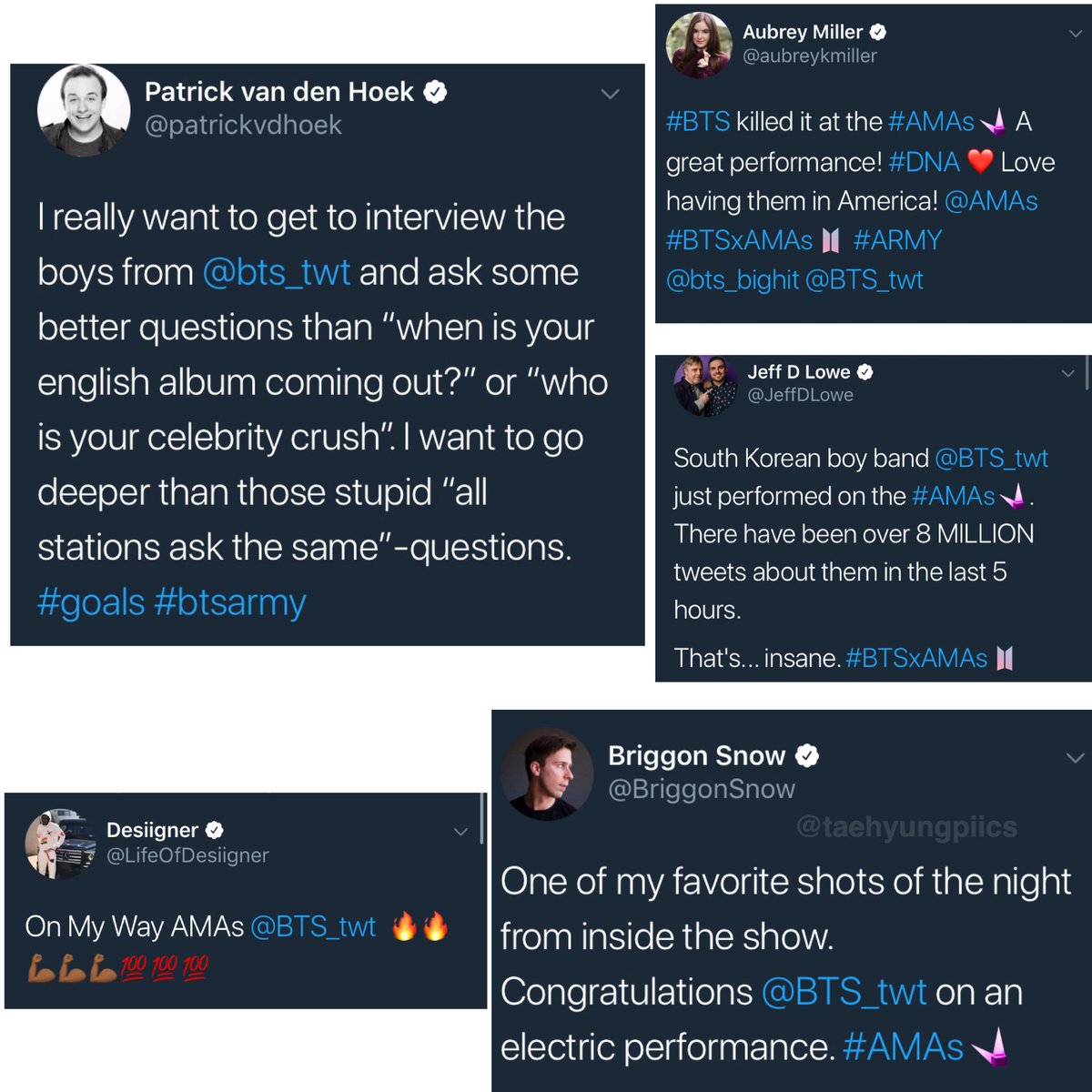BTSTurkey's tweet photo. [💁] Biiiiir sürü onaylı hesap BTS'i AMAs performansı için tebrik edip onlara çeşitli tweetler attı. Ne kadar çok kişi olduğunu görelim istedik ama aslında bunlar da sadece bir kısmı. 🙃🙃

_______
Cr. taehyungpiics https://t.co/uZ5OEpiYjN