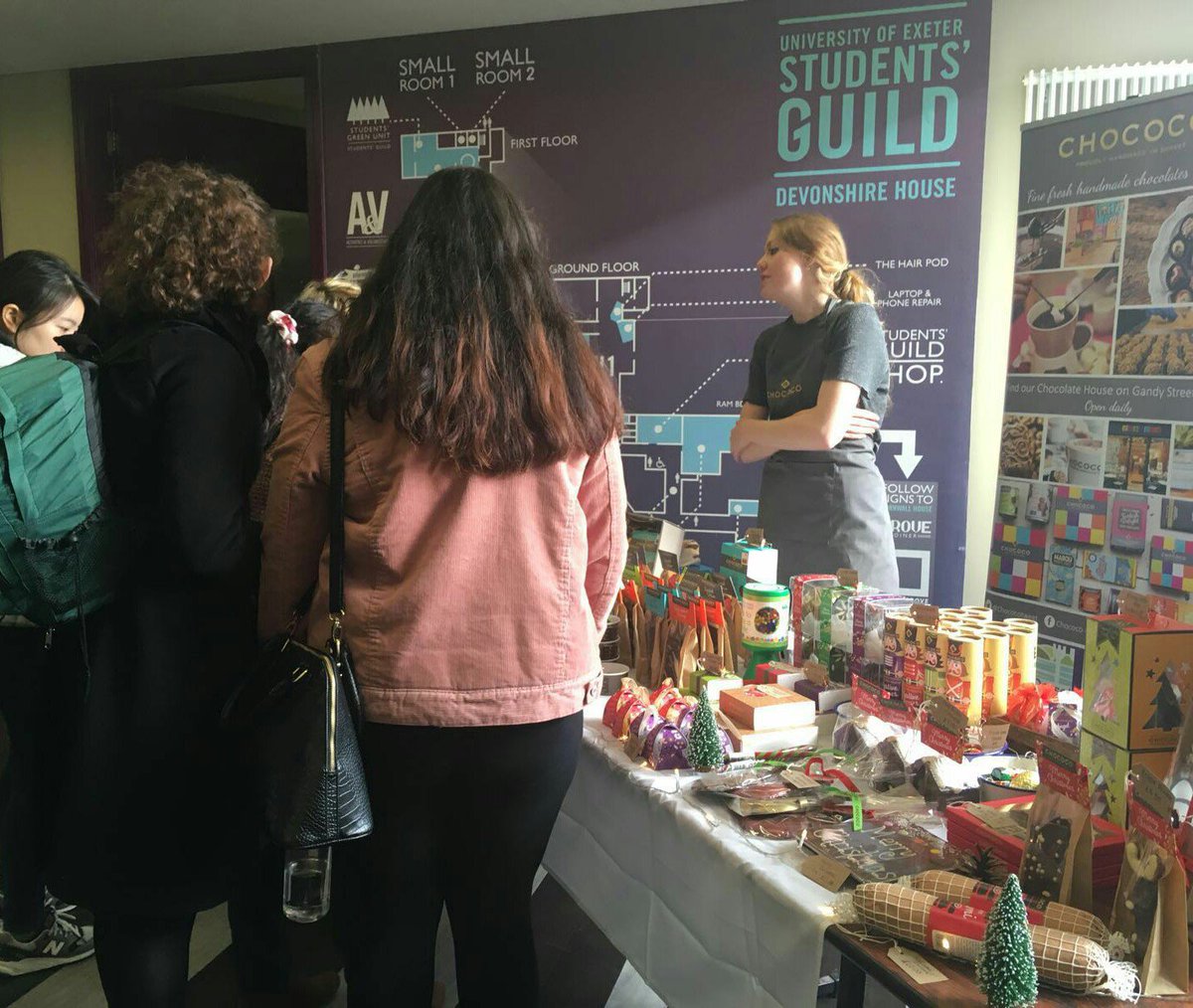 Chococoexe's tweet photo. Meet Charlotte at the @ExeterGuild in the Ram foyer with a selection of our chocolates right now! #exeteruniversity #chocolatesampling #supportlocal #xmasgifts https://t.co/gOG8uDODe8