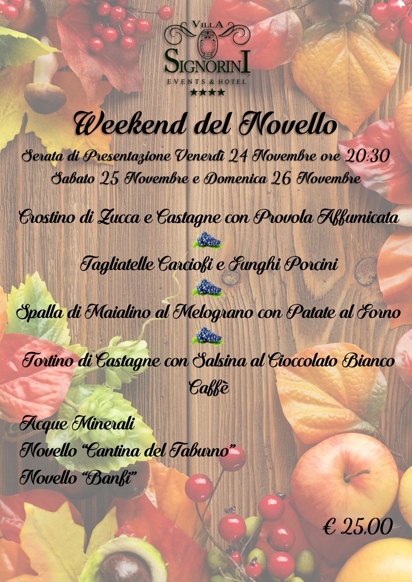 SignoriniEvents's tweet photo. "WEEKEND DEL NOVELLO" (24-25 E 26 NOVEMBRE 2017 - VILLA SIGNORINI EVENTS &amp; HOTEL)

https://t.co/0w9F7UxTtN

https://t.co/6XMRRm4mXT

#villasignorini #ristorantelenuvole https://t.co/lygUcg587m