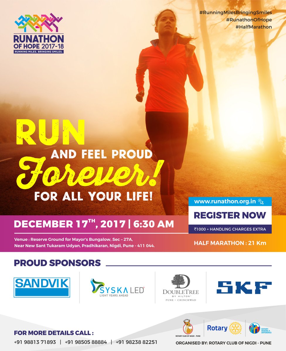 RunathonofHope's tweet photo. It’s time to beat the cold and warm up your heart. Participate in this event and add some cheer to winter!
Event Date: 17th Dec 2017
Register Now: https://t.co/FbGcKvKlPr
#HalfMarathon #runathonofhope #RunningMilesBringingSmiles #Pune #PCMC #running https://t.co/WEqV58n3B5