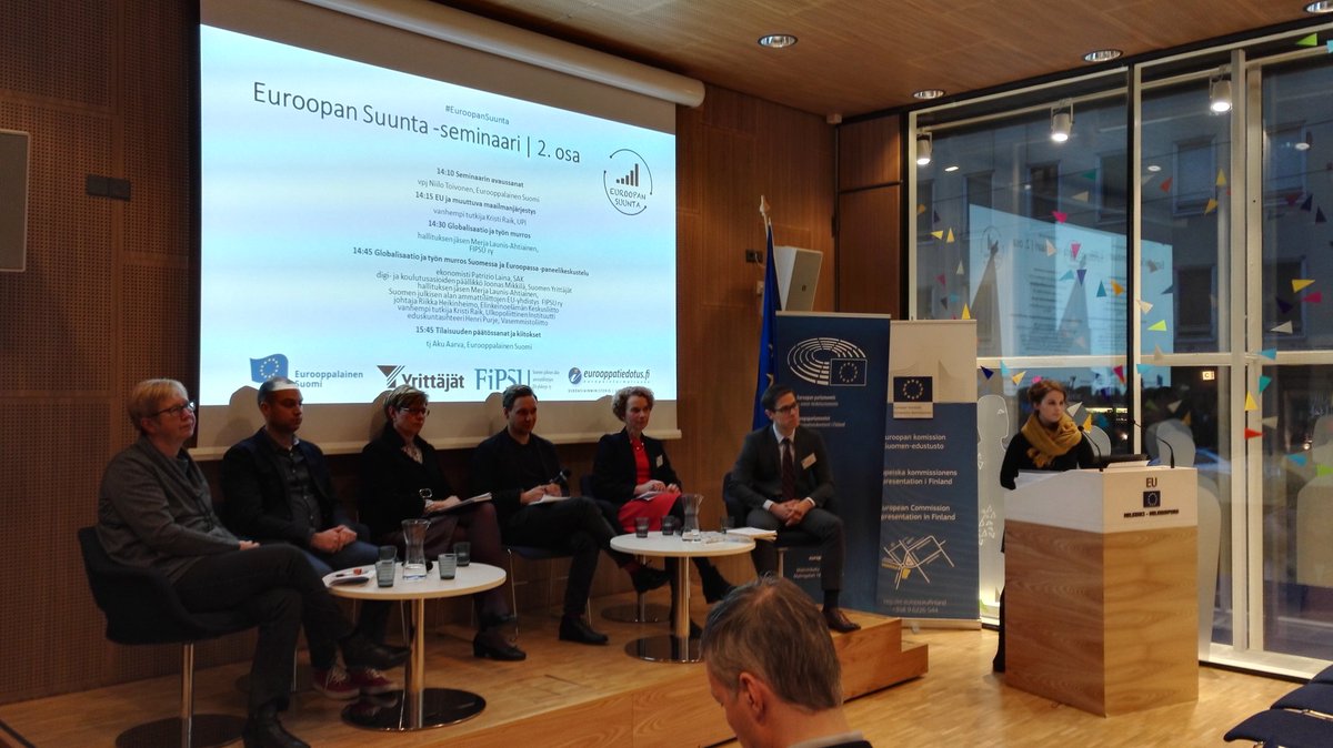 EMFinland's tweet photo. Kiitos yhteistyökumppaneille @UM_ET @suomenyrittajat ja #FIPSU. #EuroopanSuunta-seminaari oli menestys! 

Keskustelua käytiin niin #EuroopanTulevaisuus kuin #Globalisaatio ja #TyönMurros https://t.co/LFlmpx96FR