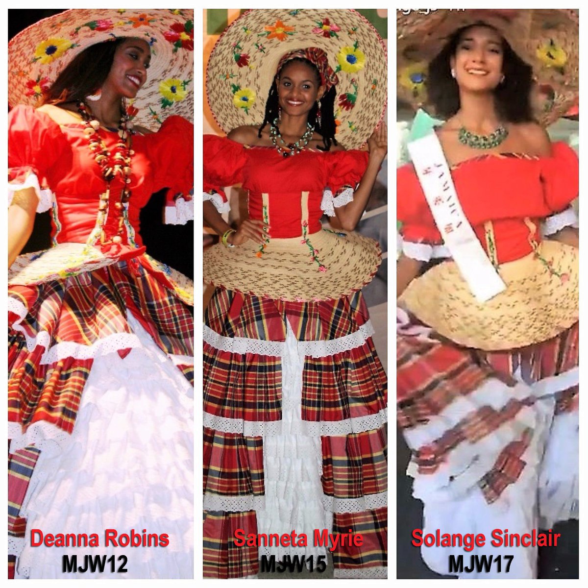 Aston Cooke on X: Bandana reigns supreme. Three Miss Jamaicas (Deanna  Robins, Sanneta Myrie and Solange Sinclair) wearing the Jamaican  traditional wear national costume of 'bandana' madras with the jippy jappa.   /