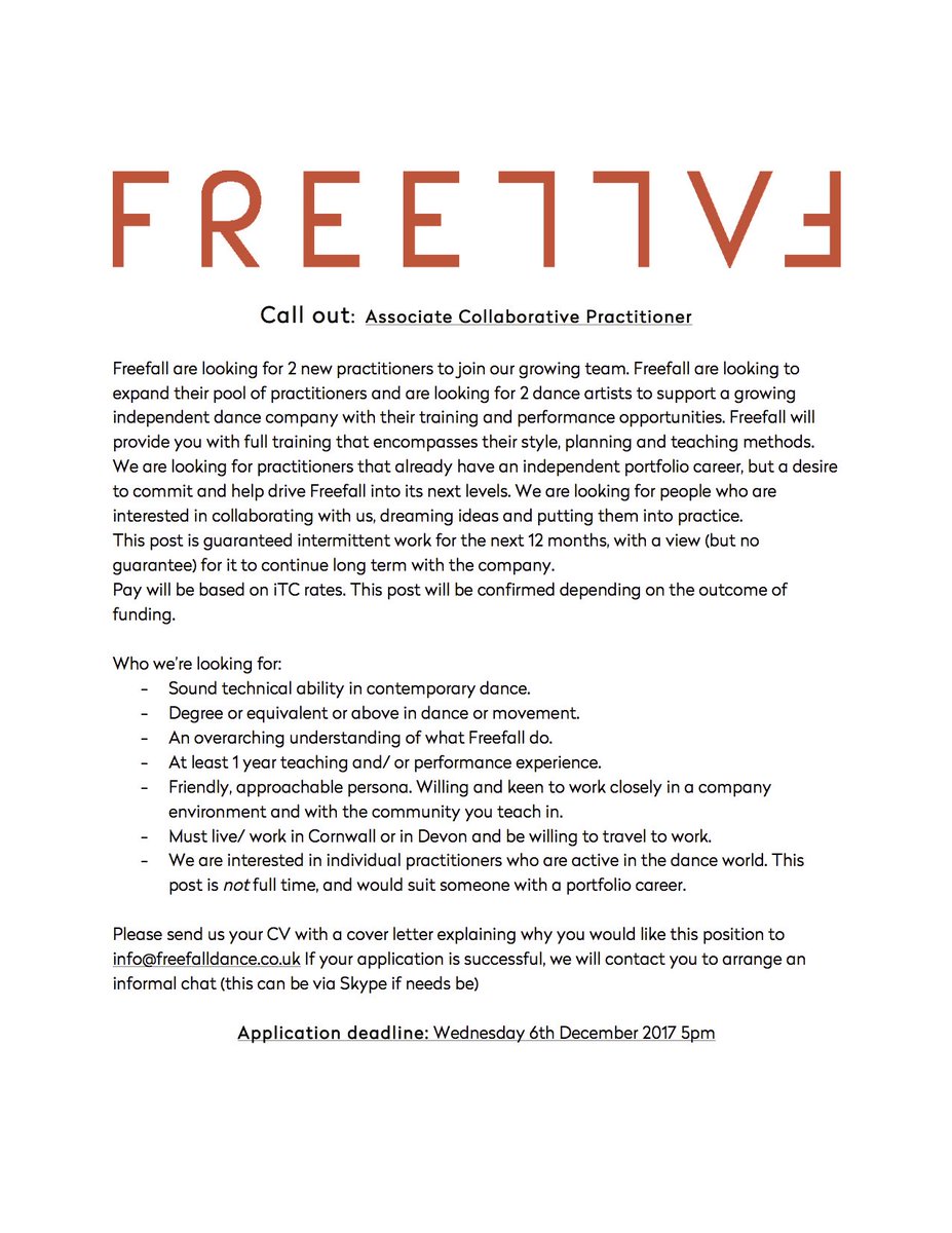freefalldance's tweet photo. We are so excited to announce our....CALL OUT: Associate Collaborative Practitioner
We are expanding and looking for TWO wonderful people to dream, explore and work with us. Take a look, get your CV in and please share
Love the Freefall team x https://t.co/5gGlycowmc