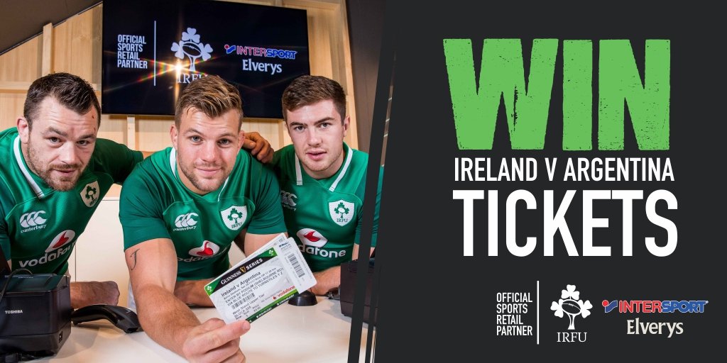 Elverys's tweet photo. WIN TICKETS! As proud sports retail partner of @IrishRugby, we want to send you and a friend to see their final test of the Guinness Series against Argentina 🏉

To enter, Follow and RT! Winners picked Weds, 22nd! ☘️ https://t.co/to2m3P7KoZ