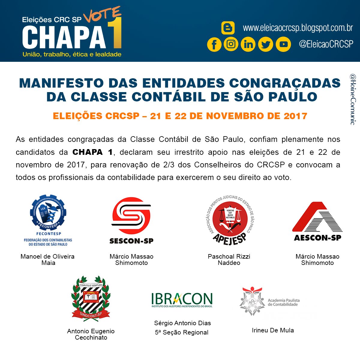Chapa1CRCSP's tweet photo. #manifesto #sesconsp #ibracon #fecontesp #apejesp #aesconsp #sindcontsp #apc #eleiçõescrcsp #eleicaocrcsp #votechapa1crcsp #chapa1crcsp https://t.co/p3bTnA1CJS