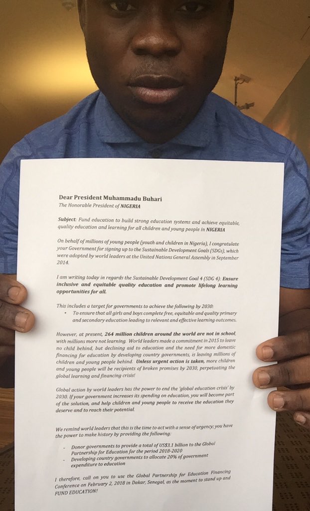 LanreShaper's tweet photo. Today I join @GPforEducation to add my voice to those of young people and children around the world who are demanding our leaders to #FundEducation for a peaceful &amp; Sustainable tomorrow. 

#WorldChildrensDay #ShapeTheFuture #QualityEducation #AREAi https://t.co/VZY8sOAxVk