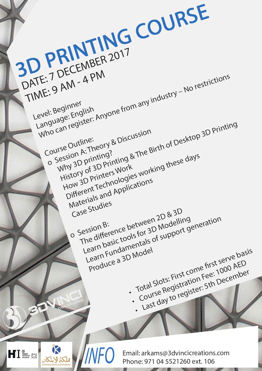 Introducing the most educational 3D Printing Course in Dubai!
REGISTER TODAY!!! 
#3DPrinting #Learn3DPrinting #3DPrint #Dubai #UAE