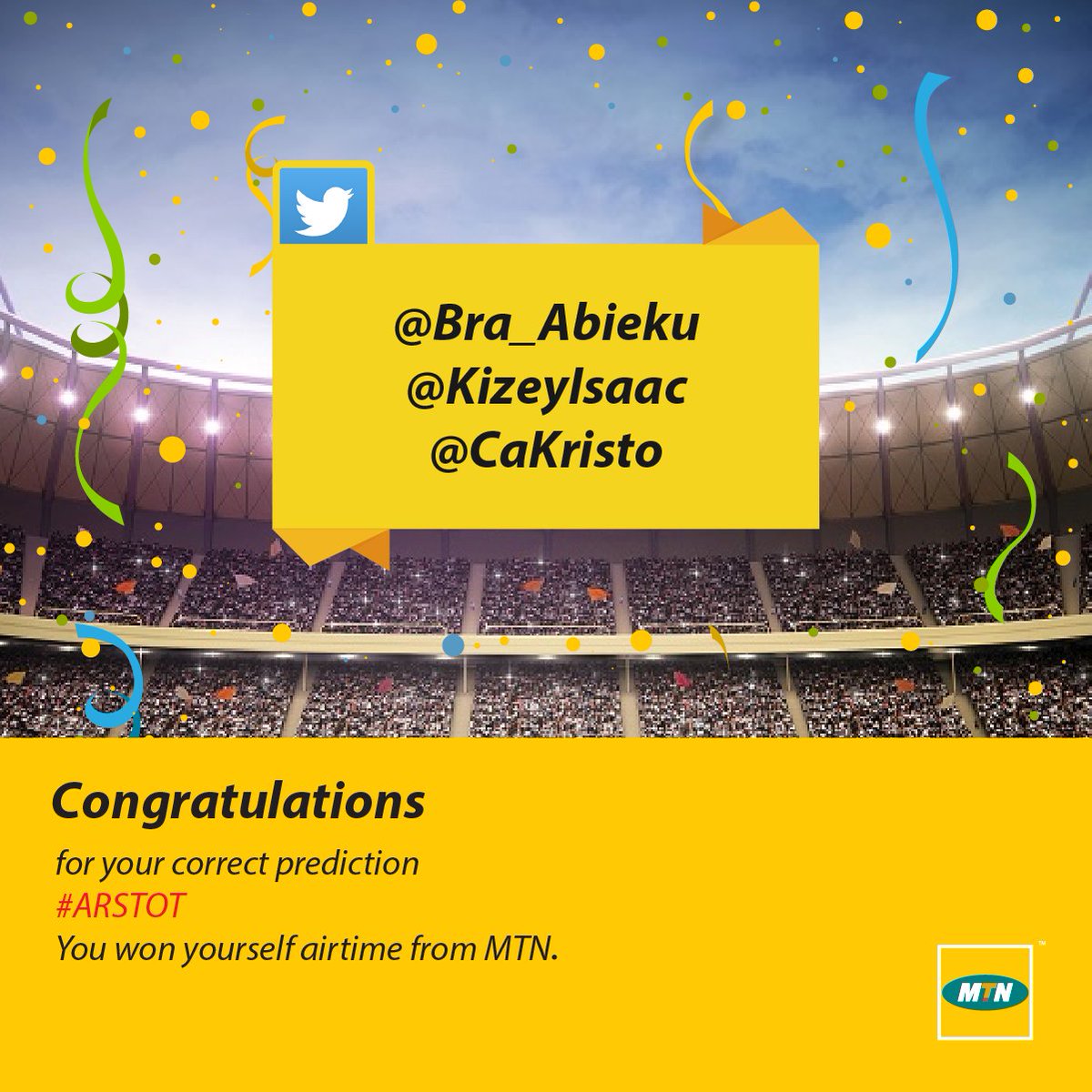 MTNGhana's tweet photo. Congratulations to this week's winners; @Bra_Abieku , @KizeyIsaac and @CaKristo for accurately predicting the scores of the #ARSTOT match on Saturday. Send a message with your name and number and you will be updated with your prize. #MTNEPL https://t.co/dJXhslEsEm