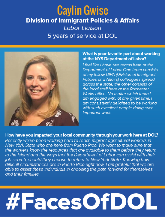 NYSLabor's tweet photo. Happy Monday! Check out our latest #FacesofDOL nominee, Caylin Gwise! #MondayMotivation #NYLaborWorks https://t.co/f8hKR7PqKY