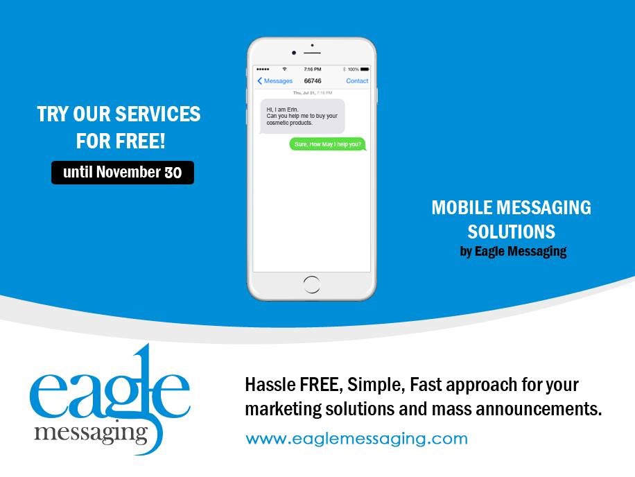 eaglemessaging's tweet photo. Your customers are texting everyone but you!  Why not sign up for FREE to @eaglemessaging  and connect with them.  Sign Up Now! Offer expires by November 30.
#texting #eztexting #sms #digitalmarketing #chat https://t.co/uDNHWR37ev