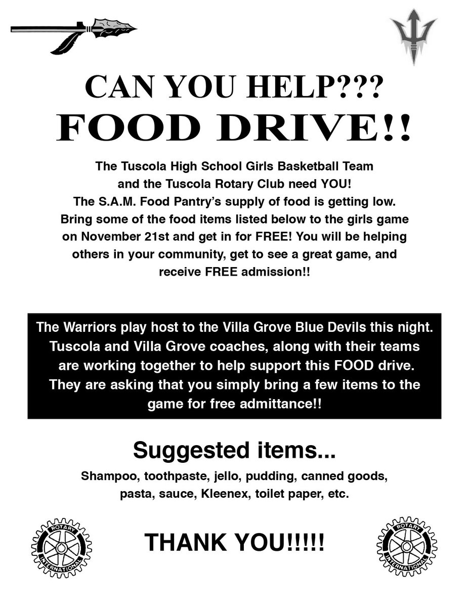 TuscolaCUSD301's tweet photo. Bring an item to donate to S.A.M. Food Pantry on November 21st and get in free to TCHS Girls Basketball game. #Tuscola #the301 https://t.co/vjHXOXmKsT