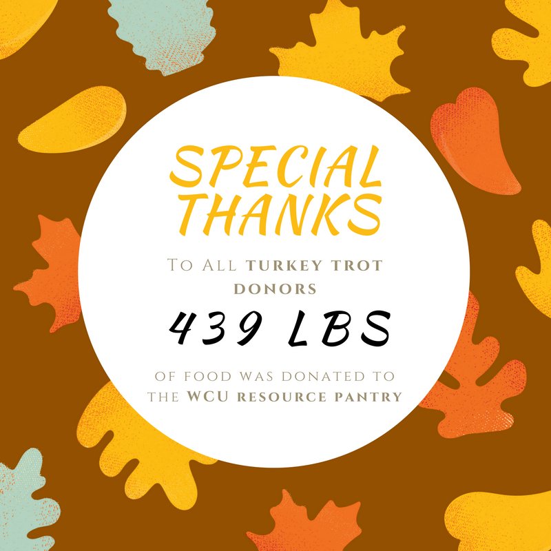 WCUPantry's tweet photo. Thank you to everyone who came out for the annual Turkey Trot last week. You helped us fight food insecurity on campus by donating a total of 439 lbs of food! #resourcepantry #foodinsecurity #hungrystudents https://t.co/6EX1fsrNbi