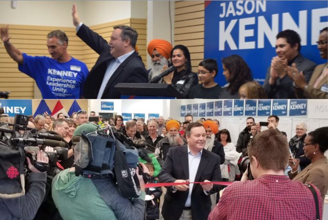 HandmaidAlberta's tweet photo. OfJason says that it looks like the two gentlemen in the orange turbans have inherited the official "Tim Uppal Over The Shoulder" position. OfJason remembers that from the Harper playbook. All going to precisely to plan. #Ableg #Abpoli https://t.co/lnypfJXbwu