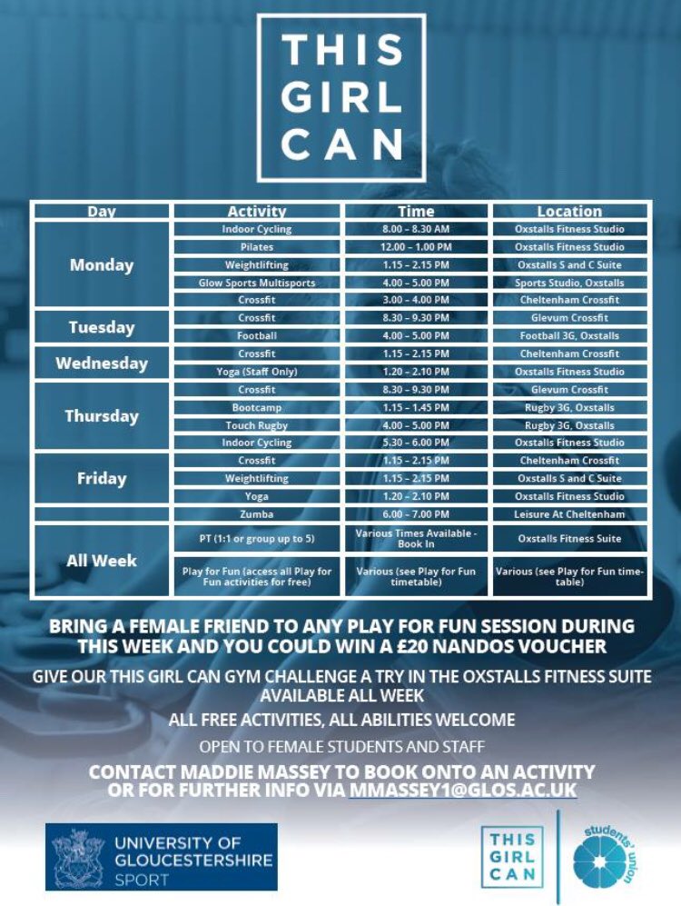 It’s time for ‘This Girl Can’ week!! 🎉💪🏼Check out the timetable for all the free activities and get involved 😉 #ThisGirlCan #UoG #TeamGlos