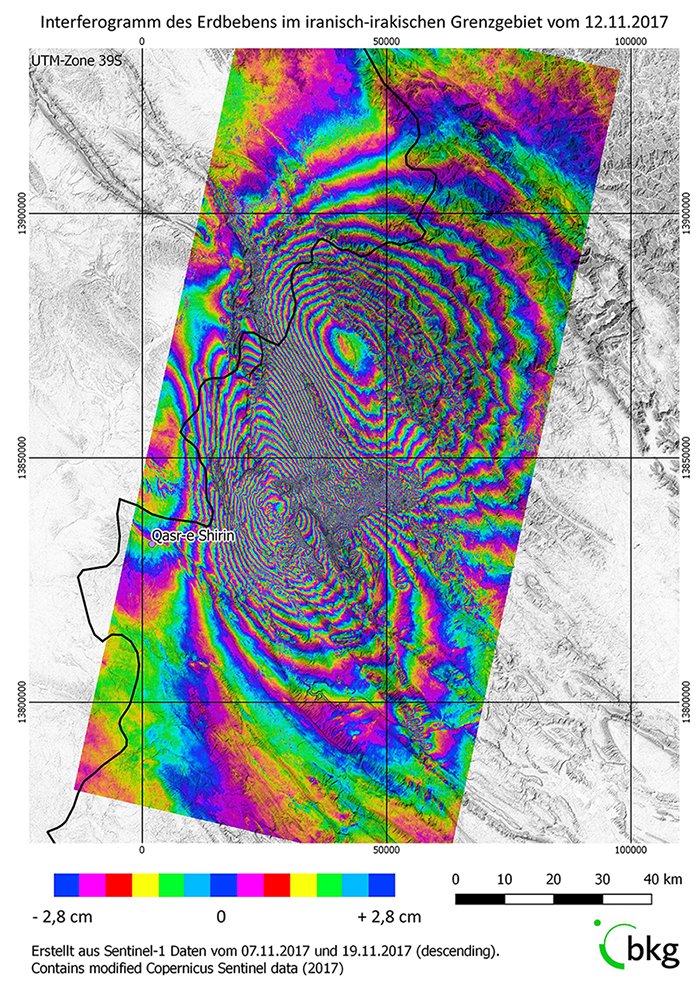 BKG_Bund's tweet photo. Das Interferogramm zeigt die durch das #Erdbeben #IranIrak hervorgerufenen Verschiebungen der Erdoberfläche. Ein Farbzyklus entspricht einer Veränderung von 2,8 cm in Richtung Satellit (halbe Wellenlänge der #Sentinel1🛰️-Radarimpulse) @CopernicusEU #IranIraqEarthquake /GI https://t.co/kUaOZk2z7t