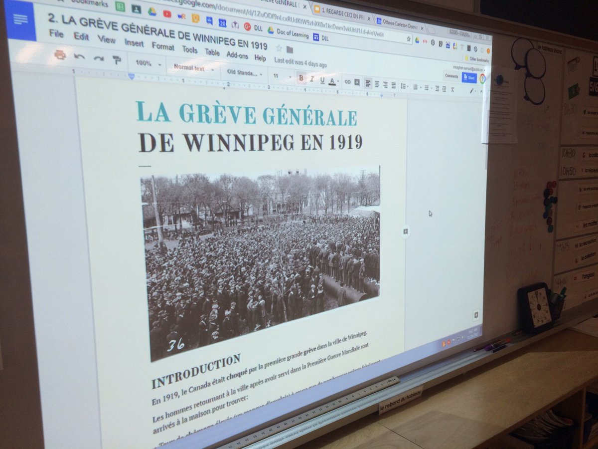 MmeSamuel's tweet image. 1/2 - we’re learning about interrelationships (cooperation + conflict) in terms of Canadian historical events (ex: Winnipeg General Strike 1919). Ss use #GoogleReadandWrite to collaboratively annotate this text. See video in next tweet. #khps_ock