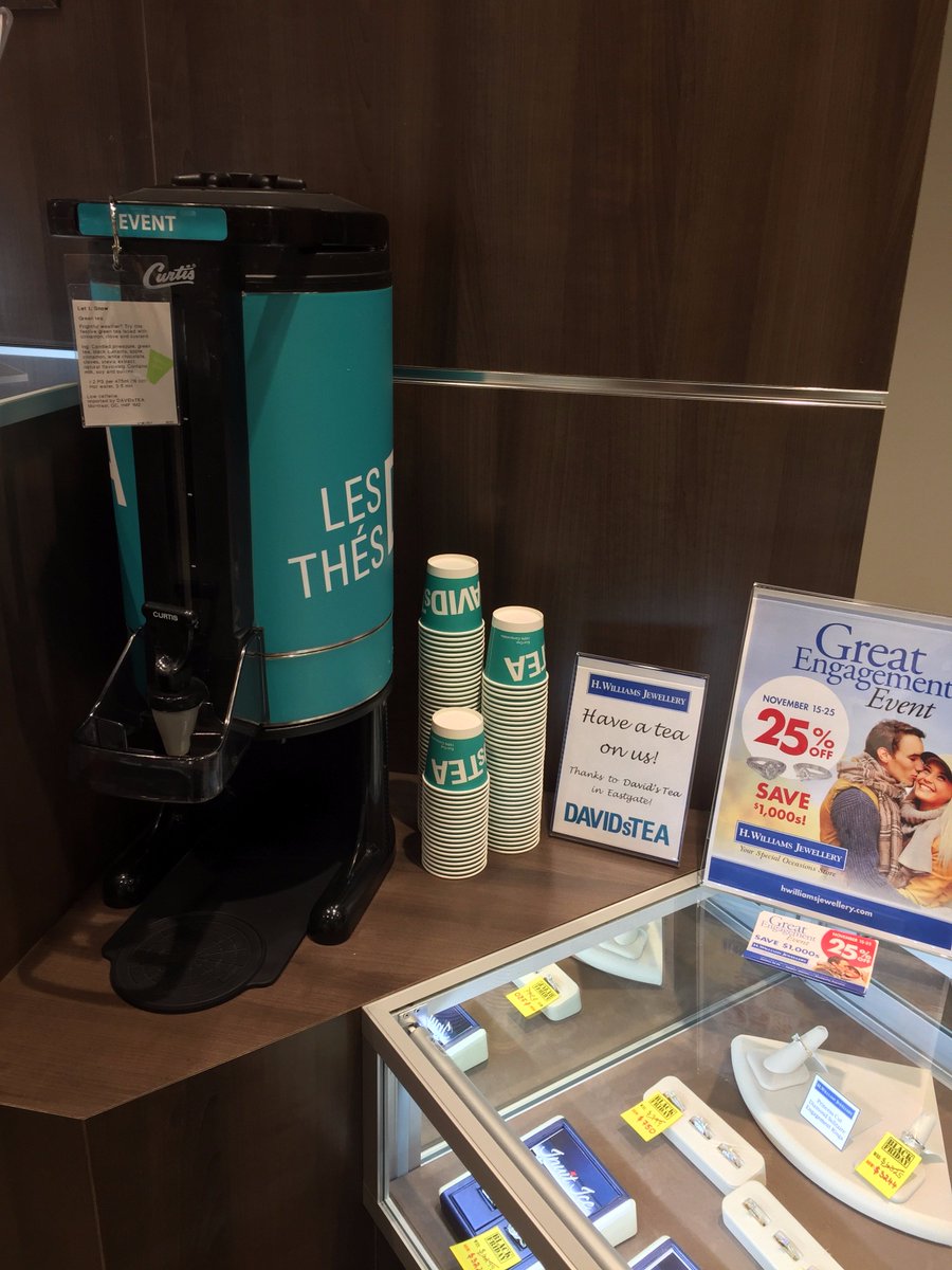 HWJewellery's tweet photo. Thank you @DAVIDsTEA for making our Monday morning awesome! During our #EngagementEvent @EastgateSquare we will have FREE Davids Tea for our customers! Visit us for early #BlackFriday deals and of course, FREE TEA! #HamOnt https://t.co/HYc8LN39aW