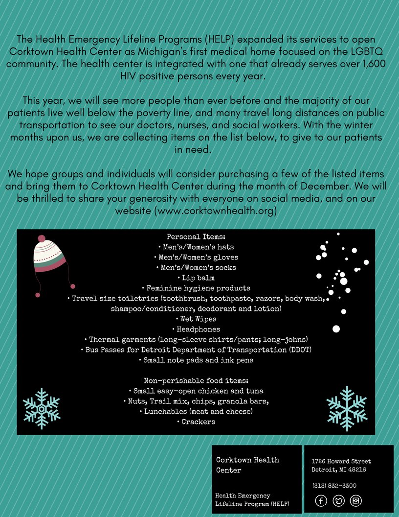 CorktownHealth's tweet photo. @CorktownHealth is conducting a food &amp; personal item drive for our clients most in need during the winter months. We are in need of winter items such as gloves, hats, and socks. Donation collection is ongoing through the end of December. Contact us at (313)832-3300 for more info. https://t.co/rP0UcdmjfQ