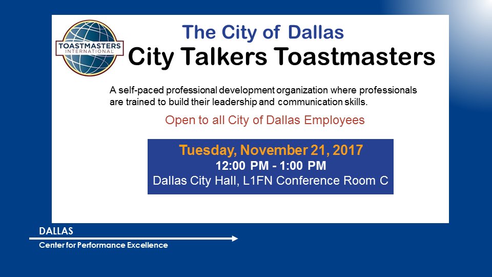 CODCPEdissolved's tweet photo. On Tuesday, #CityTalkers @Toastmasters will meet in @CityOfDallas #City Hall at noon. https://t.co/KHIYlB4REU