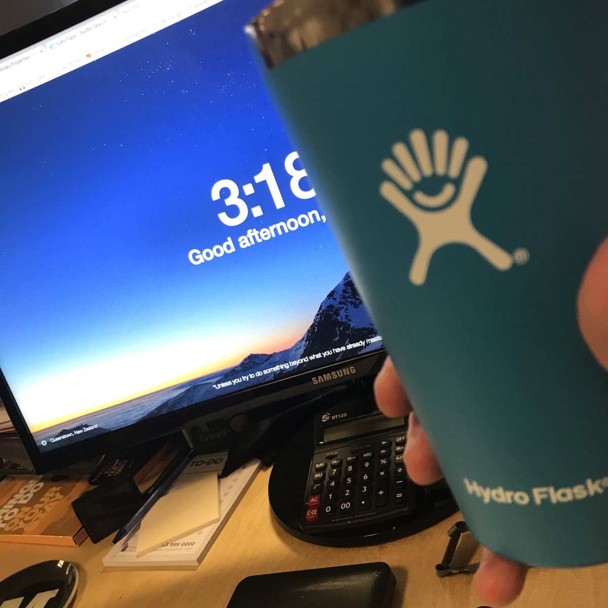 mattharts's tweet photo. Thanks to the guys at @HydroFlask for my #Tumber that I won @kendalmountain now enjoying a brew at work in it ... but who knew I would be any good at throwing beanbags ๐ https://t.co/W4KrnXoy6X