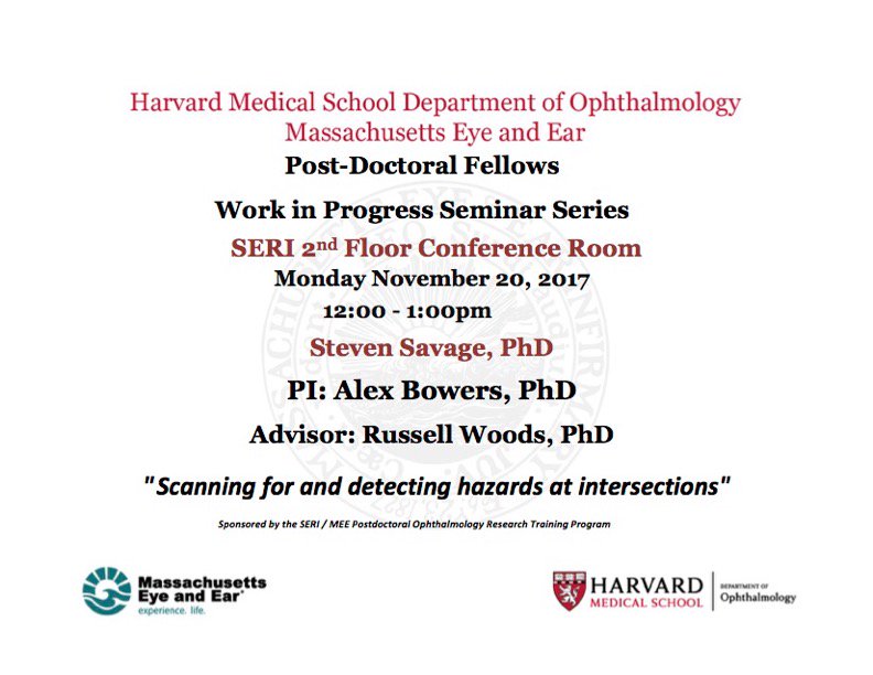 bowers_lab's tweet photo. Today, as part of @MassEyeAndEar and @HMSeye Post Doctoral Fellows Work in Progress Seminar Series, @Savage_Psych will be presenting our most recent work on the effects of age and guidance type on scanning for and detection of hazards at intersections. https://t.co/WvOqyyec8y