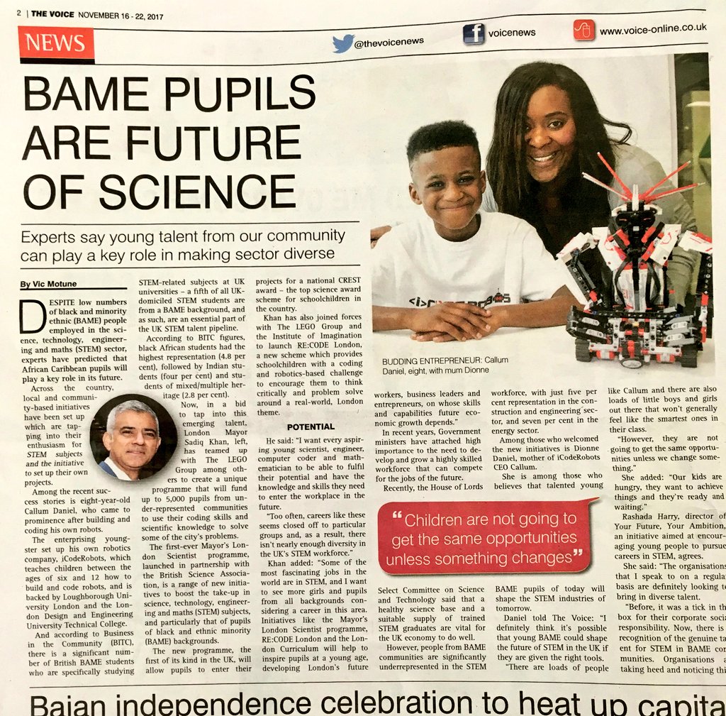 SadiqKhan's tweet photo. Great to see our London Scientist programme to inspire young Londoners to become coders, scientists &amp; engineers is @TheVoiceNews front page. https://t.co/XZwmxiR6uC