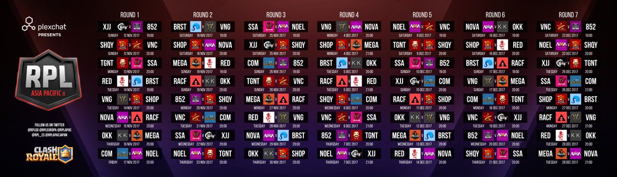 RPLapac's tweet photo. ‼️SAVE THE DATES‼️
Here's the full schedule for RPL APAC Season II's Regular Season! Download the hi-res version here, print it and paste it on your wall!
https://t.co/quhOoLFByb

Presented by @plexchat 
Supported by @Clash_with_Ash
@ClashRoyale #RPLhype https://t.co/5k7s5cT2rg