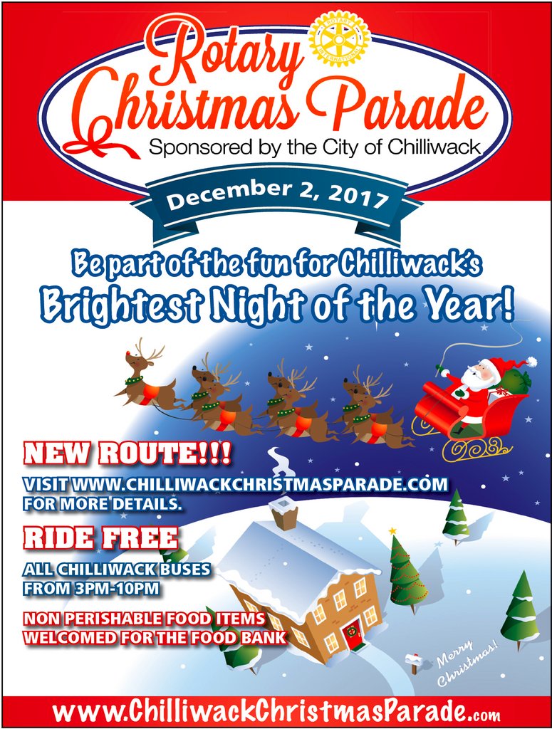 CHRISTMAS PARADE
New Route! Ride Free!

#chilliwackrotary #christmasparade #cityofchilliwack #chilliwackchristmasparade #sharechilliwack