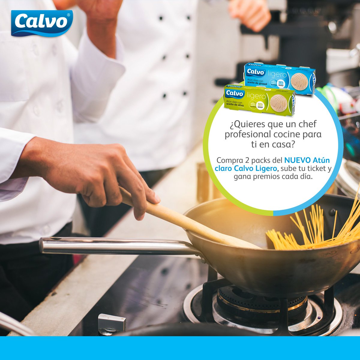¡En Calvo te ayudamos a tener un otoño más ligero con estos #premios! Consigue un chef a domicilio que, además de cocinar, te hará y pagará la compra durante un mes. Participa en #VuelveLigero comprando dos packs del nuevo atún claro Calvo Ligero: calvoligero.es/vuelveligero/