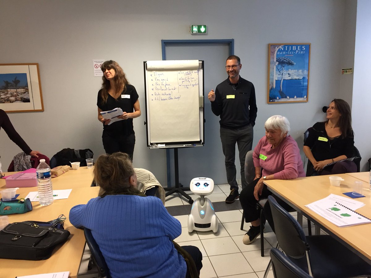 BrunoJeanBart75's tweet photo. @accra_project had a first co-creation meeting in Antibes with enthusiastic and curious elderly. The Buddy robot (@BlueFrogRobotic) played its part well to demonstrate its potential role about daily life. Preparation by @Paris_Dauphine  and @Trialog_SA teams was great! Congrats! https://t.co/Tvmfofb237